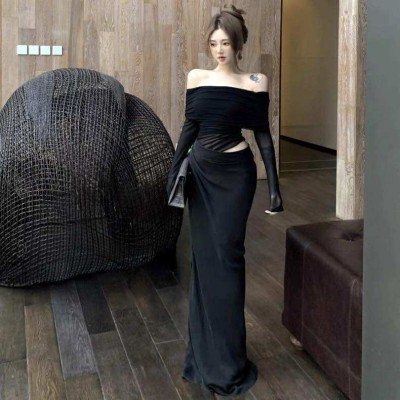Off shoulder mesh waist-baring dress