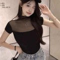 半高领网纱拼接短袖上衣
