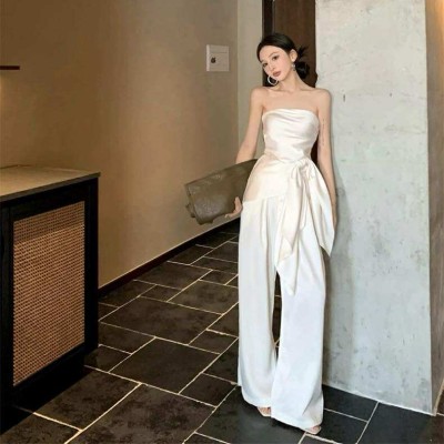 Tube top with irregular pleats + high waist wide leg pants set