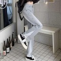 高腰微喇叭撞色牛仔长裤