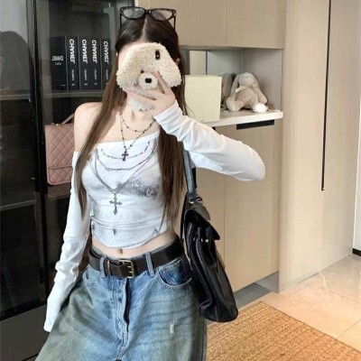 美式斜肩印花短版上衣