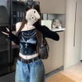 美式斜肩印花短版上衣