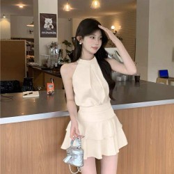 Apricot satin halter top + high waist A-line skirt set