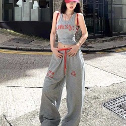 American sports style letter vest + contrast color wide-leg pants set
