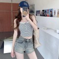 High-waist washed straight denim shorts