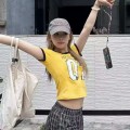 Round neck straight shoulder number top