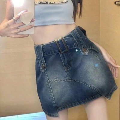 High waisted retro irregular denim skirt