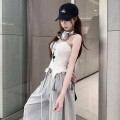 蕾丝边字母刺绣吊带上衣