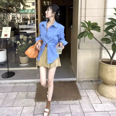 不规则开叉绑带衬衫