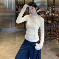 半高领蕾丝系带针织上衣
