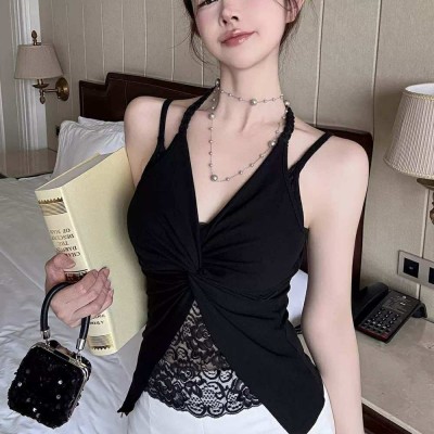 Fake Two Piece Halter Lace Panel Vest