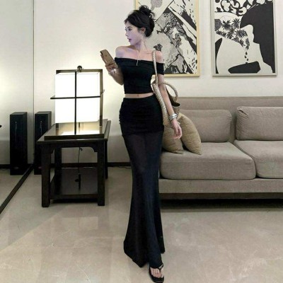 Off shoulder cropped top + mesh paneled hip skirt set