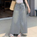 韩系高腰毛边牛仔半身裙