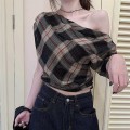 复古斜肩格子上衣