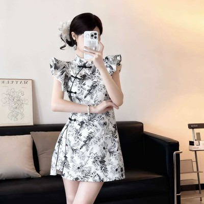 小飞袖一字扣长版上衣+短裤改良版旗袍套装