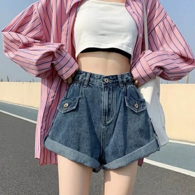 复古高腰卷边阔腿短裤