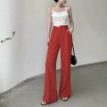 红色高腰西装阔腿长裤