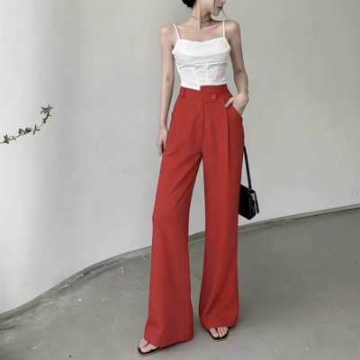 红色高腰西装阔腿长裤