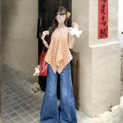 V领波点吊带不规则上衣