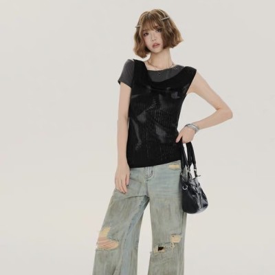 假两件印花收腰上衣