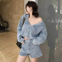 休闲连帽塑腰上衣+高腰阔腿牛仔套装