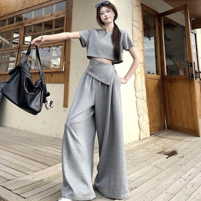 别致拼接露脐上衣+高腰阔腿长裤套装