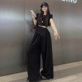 别致拼接露脐上衣+高腰阔腿长裤套装