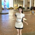 学院风撞色针织上衣+高腰百褶半身裙套装