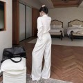 立领宽松衬衫+高腰阔腿阔腿长裤套装