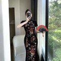 Velvet Chinese style printed cheongsam