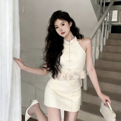 新中式花瓣旗袍上衣+高腰半身裙套装