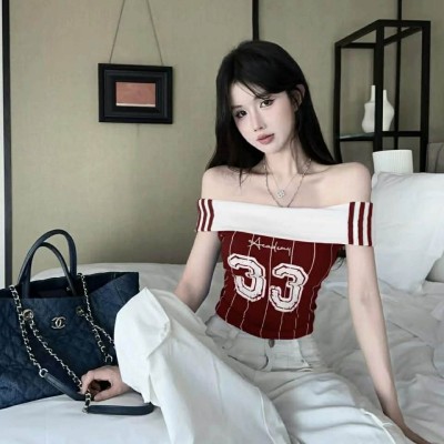 一字肩条纹针织短版上衣