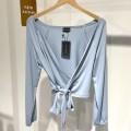 V领系带长袖上衣
