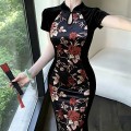Velvet Chinese style printed cheongsam