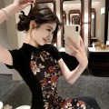 Velvet Chinese style printed cheongsam