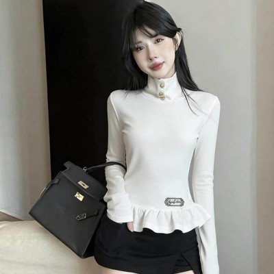 高领荷叶边长袖上衣