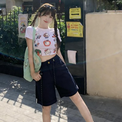 高腰卷边阔腿短裤