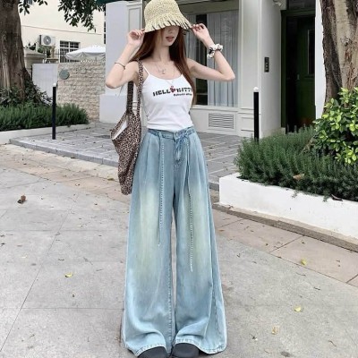 水洗高腰阔腿牛仔长裤