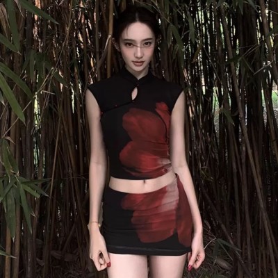 晕染盘扣短版旗袍上衣+短裤裙套装