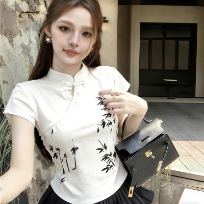 新中式竹墨印图盘扣上衣