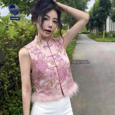 粉色刺绣新中式马甲