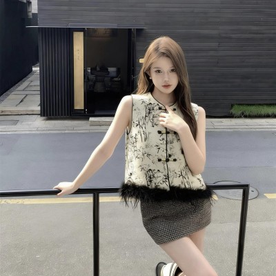 新中式提花水墨画毛边马甲