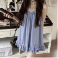 雾霾蓝无袖荷叶边裙