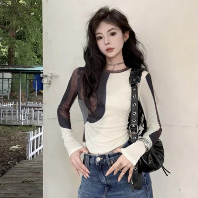 撞色雪纱修身长袖上衣