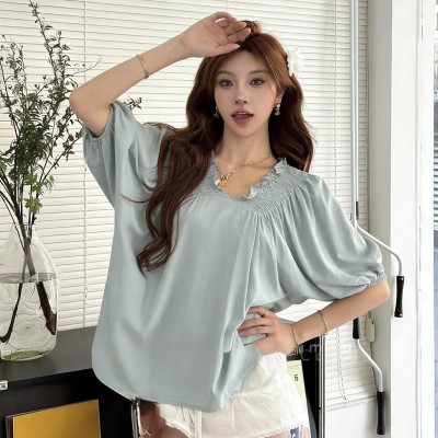 法式V领青色上衣