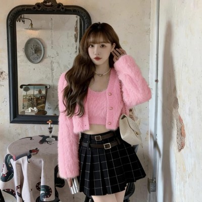 毛绒针织吊带背心+外套两件式上衣