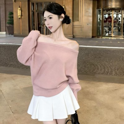 针织斜领蝙蝠袖宽松上衣