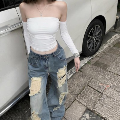 抹胸露肩短版长袖上衣