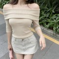 一字肩五分袖针织上衣