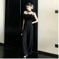 High end feather strapless jumpsuit with wide legs